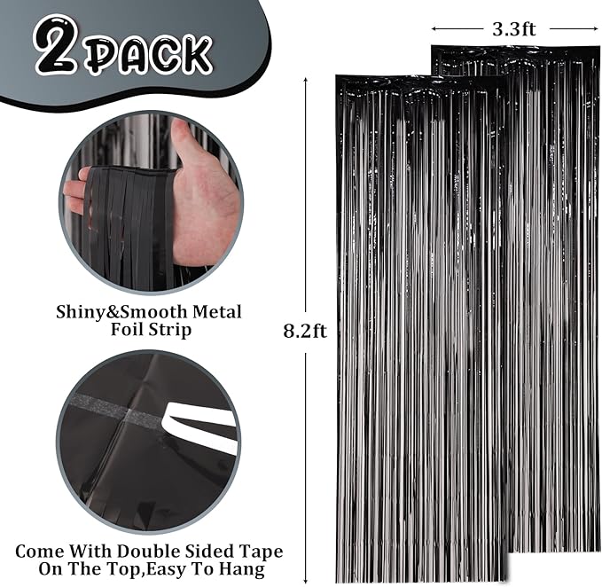 2 Pack Black Foil Fringe Backdrop Curtains, Tinsel Streamers Birthday Party - Image 3