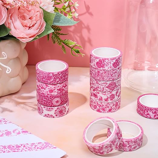 Whaline 12 Rolls Pink Floral Washi Tape Chinoiserie Flower Decorative Masking - Image 5