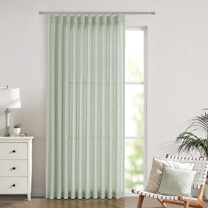Vision Home Light Green Pinch Pleated Semi Sheer Curtains Textured Linen by VisionHome