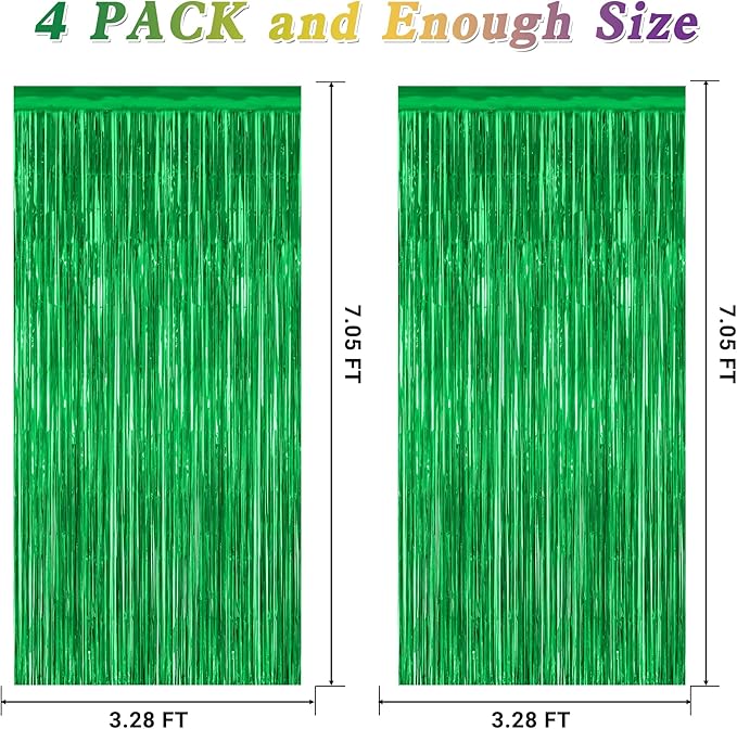 4 Pack Green Streamers, 3.28 FT x 7.05 FT Birthday Tinsel Backdrop, Metallic - Image 2