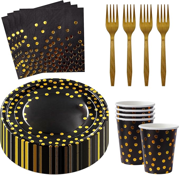 160 Pcs Black and Gold Paper Plates, Forks and Cups Party Supplies, Disposable by Sveikie
