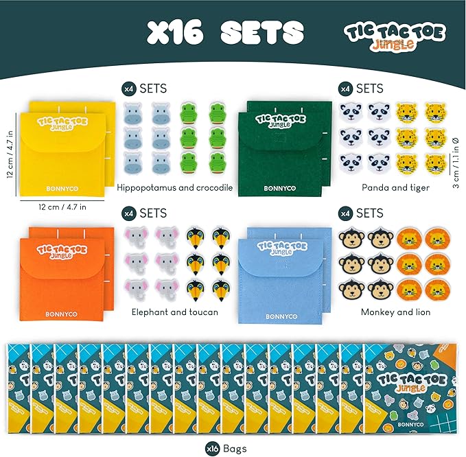 BONNYCO Tic Tac Toe Game Pack 16 Jungle Animals Kids Party Favors Safari Goodie - Image 3