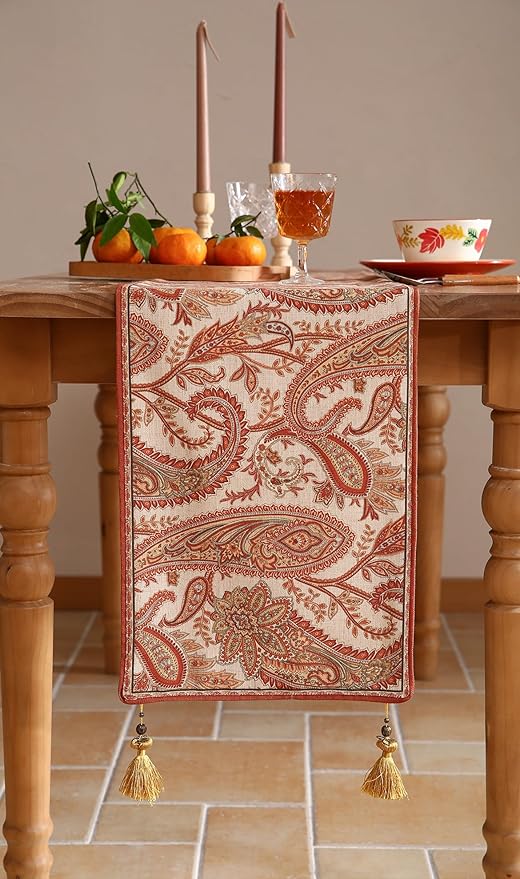 ISAENNE Designer Elegant Red Linen Table Runner 102 Inches Long, Vintage - Image 5