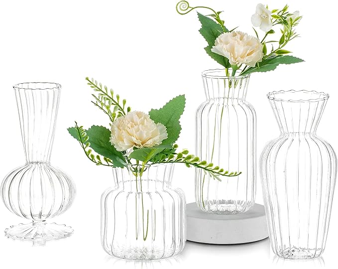 Modern Clear Glass Bud Vase Set: Glasseam 4Pcs Small Mini Flower Centerpieces by Glasseam