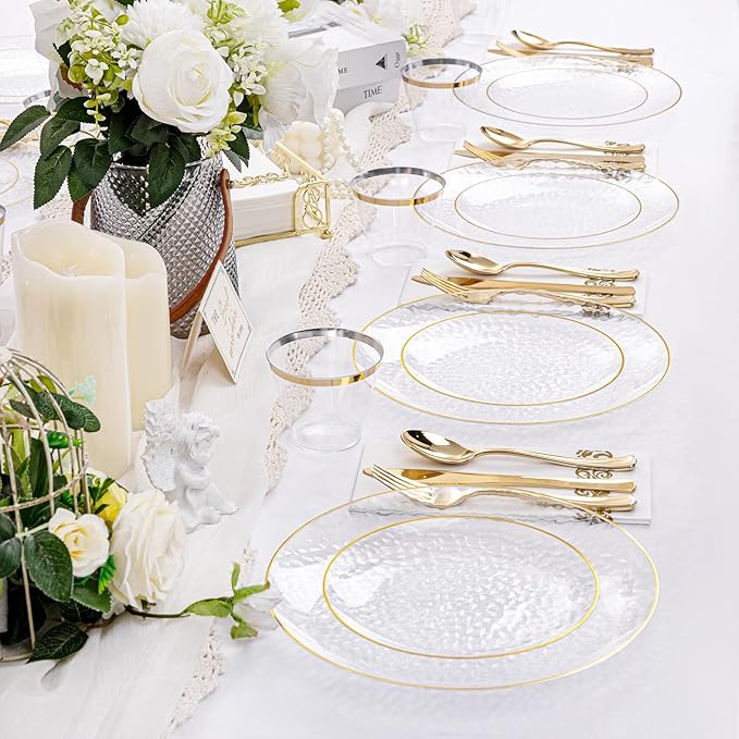 Rubtlamp 175 Pcs Plastic Dinnerware Set, Hammered Party Plates Include Dinner - Image 7