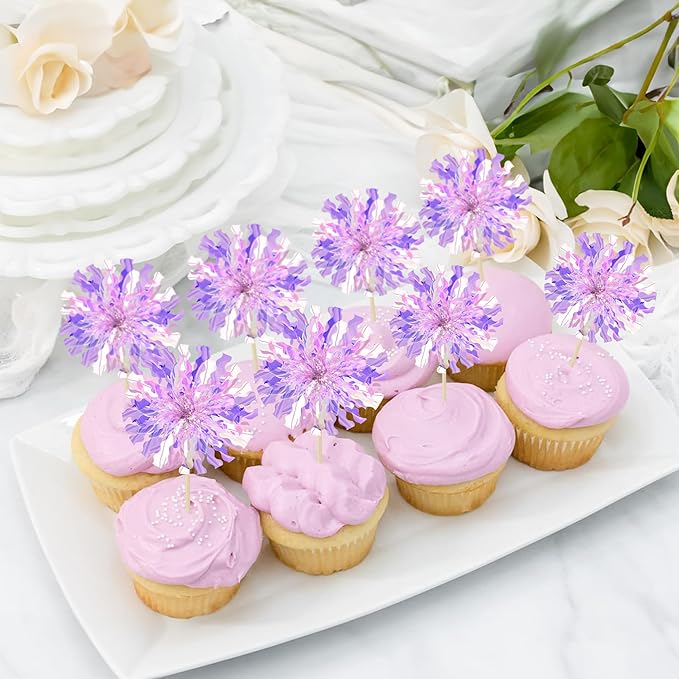 Ephlyn 30Pcs Foil Firework Cupcake Toppers Sparkle Tinsel Cupcake Picks Happy - Image 6