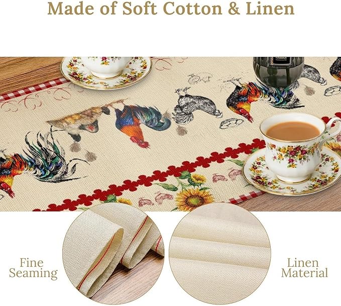 Rustic Rooster Table Runner, Vintage Country Farm Sunflower Chicken Red Plaid - Image 3