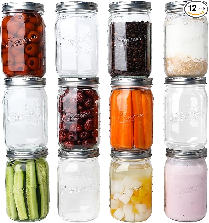 Mason Jars 32 oz Glass Canning Jars 12 Pack Wide Mouth Mason Jar by SUROQUE