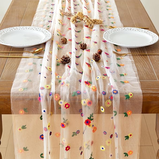 JIALE Champagne Floral Table Runner, Embroidery Daisy Seasonal Table Decorations - Image 3
