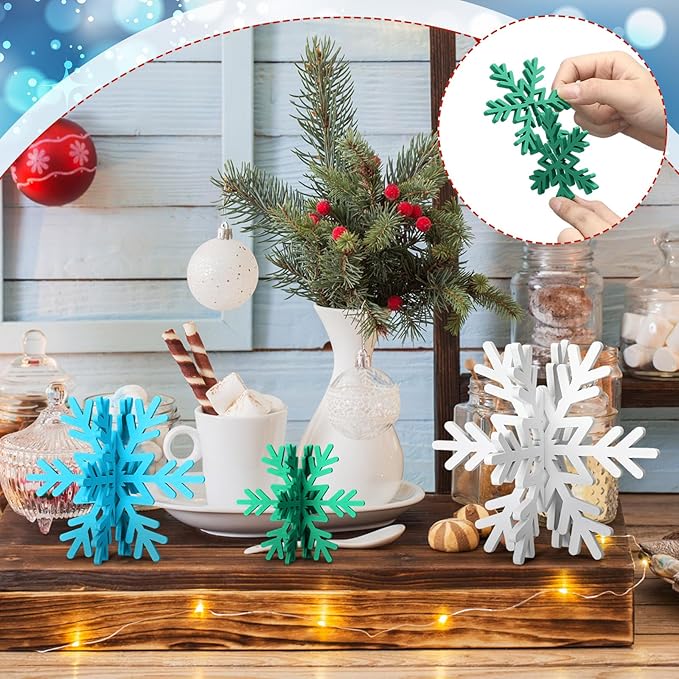 Bucherry 12 Pcs Wooden Snowflake Table Decor 3D Snowflake Tabletop Signs and - Image 4
