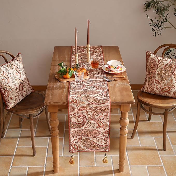 ISAENNE Designer Elegant Red Linen Table Runner 71 Inches Long, Vintage Paisley - Image 8