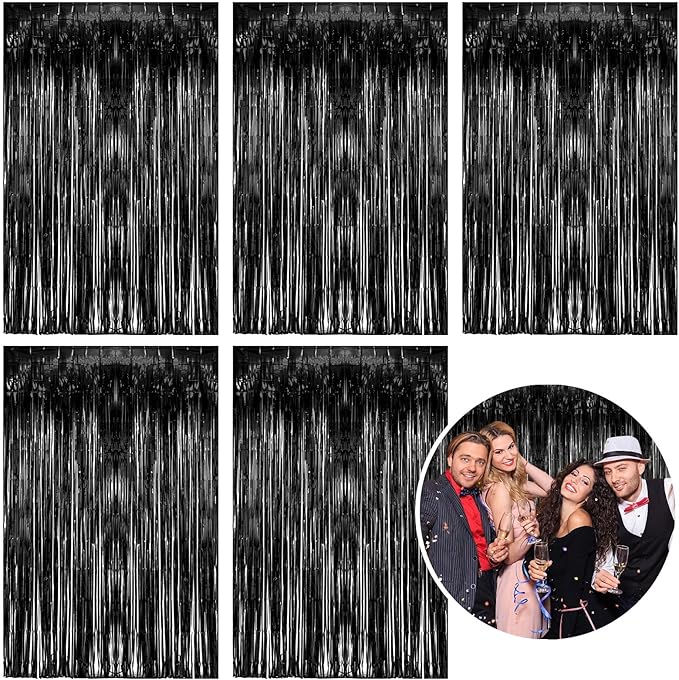 5 Pack Foil Curtain Backdrop Black Metallic Tinsel Foil Fringe Curtains Photo by KEJ