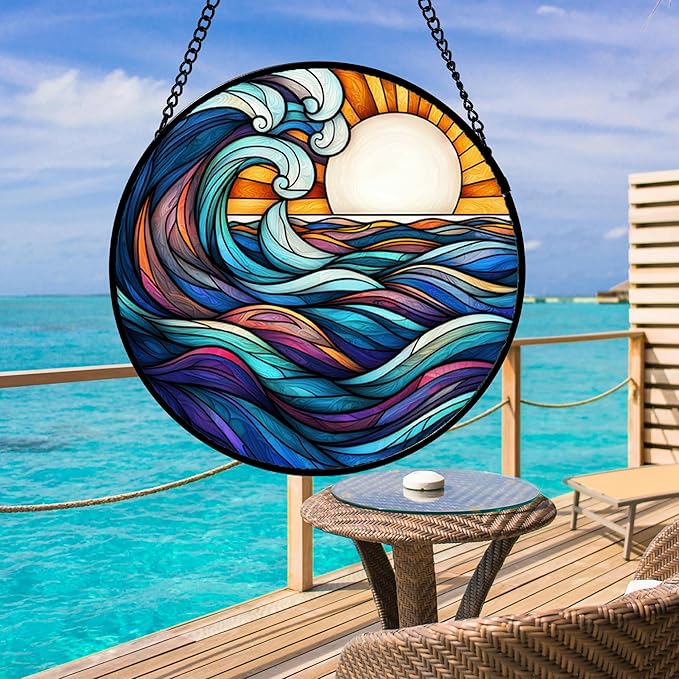 Stained Glass Window Hanging, Big Wave Sun Suncatcher Diamond Glass Panel - Image 4