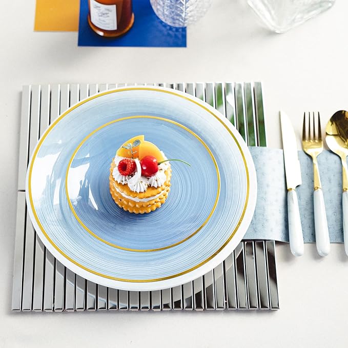 100PCS Transparent Blue Gold Plastic Plates, 7 Inch Heavy Duty Disposable - Image 6