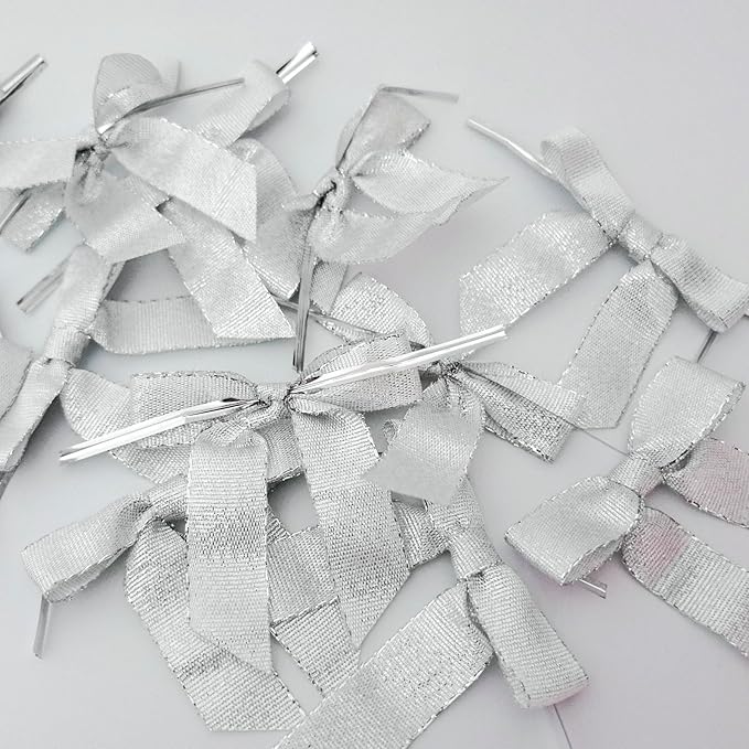 50pcs 2-1/2" Metallic Satin Silver Bows - Image 9