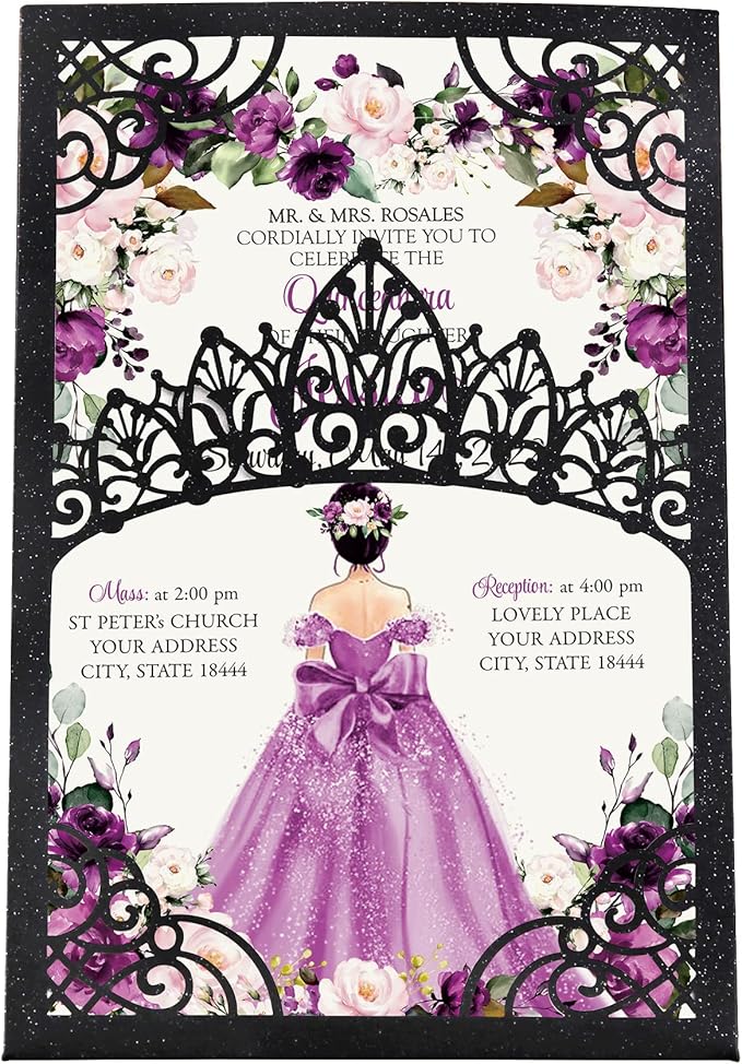 50Pcs Purple Crown Invitations for Quinceanera, 15 year, Sweet 16, Miss XV by DreamBuilt