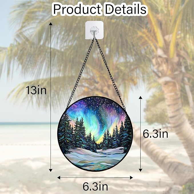 Stained Glass Window Hanging, Aurora Landscape Sun Catchers Glass Panel Green - Image 5