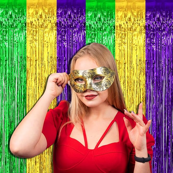 4 Pack Mardi Gras Foil Fringe Curtain Backdrop, 3.28Ft x 8.2Ft Gold Green - Image 7