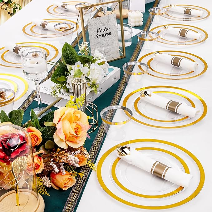 Rubtlamp 350 Pcs Clear Gold Plastic Plates, Disposable Dinnerware, 50 Cups - Image 8