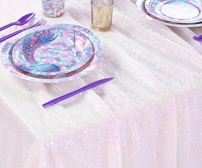 QueenDream Iridescent Mermaid Themed Party Decorations: 90x90 Inch Sequin Table - Image 4