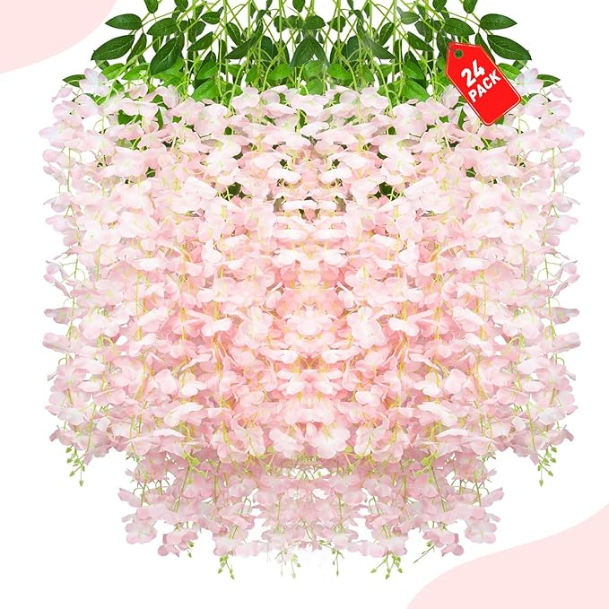 24 Pack Light Pink Wisteria Hanging Flowers, 3.4 Ft Fake Hanging Flowers by ZEBMOON