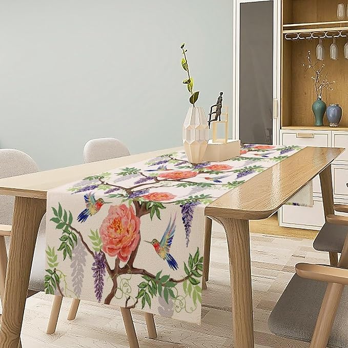 Vintage Bird Flower Table Runner Seasonal Spring Purple Wisteria Garden Plants - Image 2