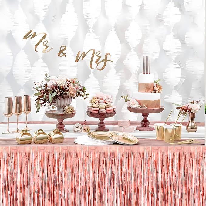 3 Pack 29x108 Inch Rose Gold Foil Fringe Table Skirts Metallic Banner - Image 7