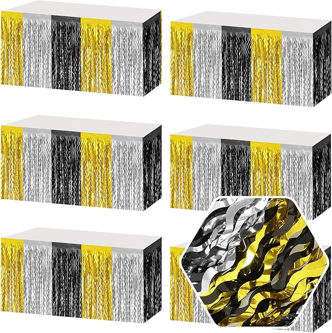 6 Pack 29 x108 Inch Black Gold Silver Wave Foil Fringe Table Skirts Metallic by Ferwzsr