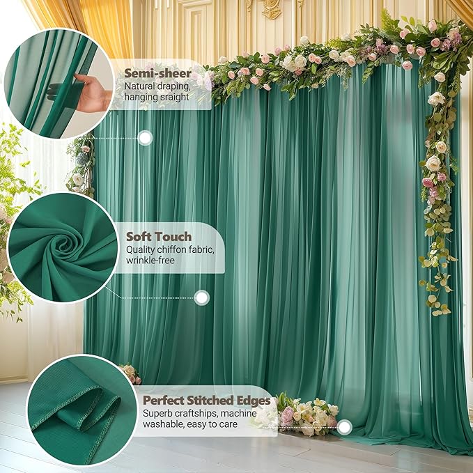 10ft x 10ft Emerald Green Backdrop Curtains, Wrinkle-Free Sheer Chiffon Fabric - Image 5