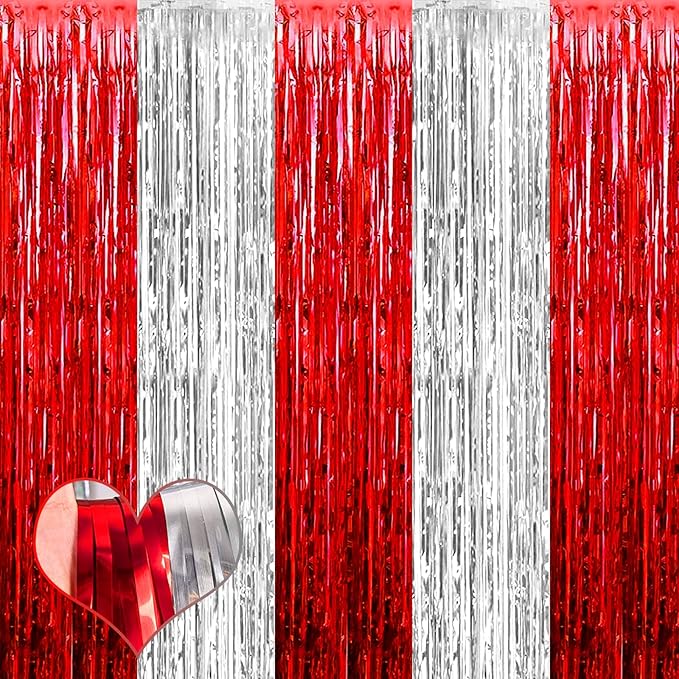4 Pack 3.2Ft x 6.6Ft Red and Silver Fringe Curtain Backdrop, Metallic Tinsel by Mebiornt