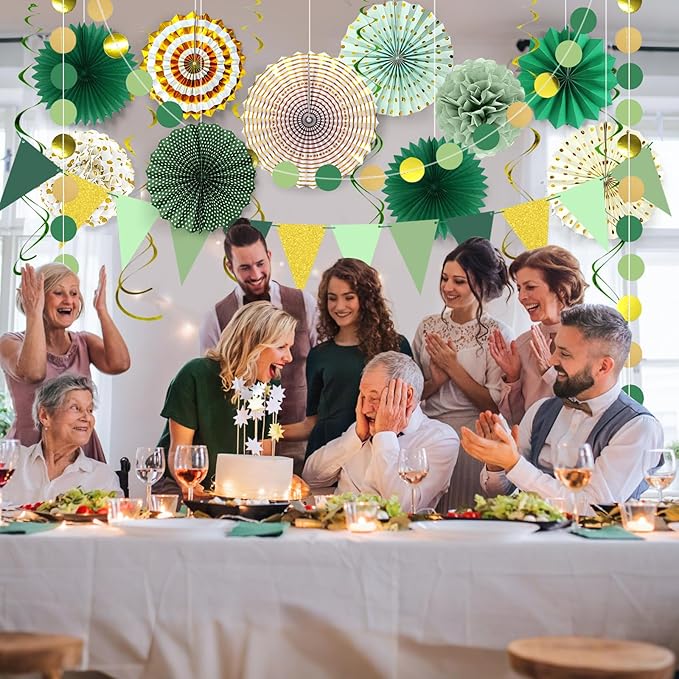 Paper Fans Party Decorations Glitter Green Gold Paper Triangle Flag Banner - Image 3