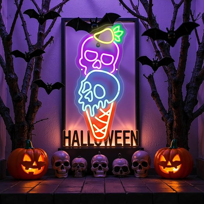 Halloween Ice Cream Skull Neon Sign, Quirky Gothic LED Wall Art, Skull Neon by Mingxigo