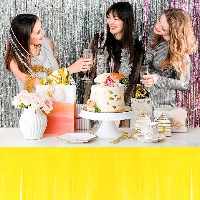 3 Pack 29 x108 Inch Macaron Yellow Foil Fringe Table Skirts Metallic Banner - Image 7