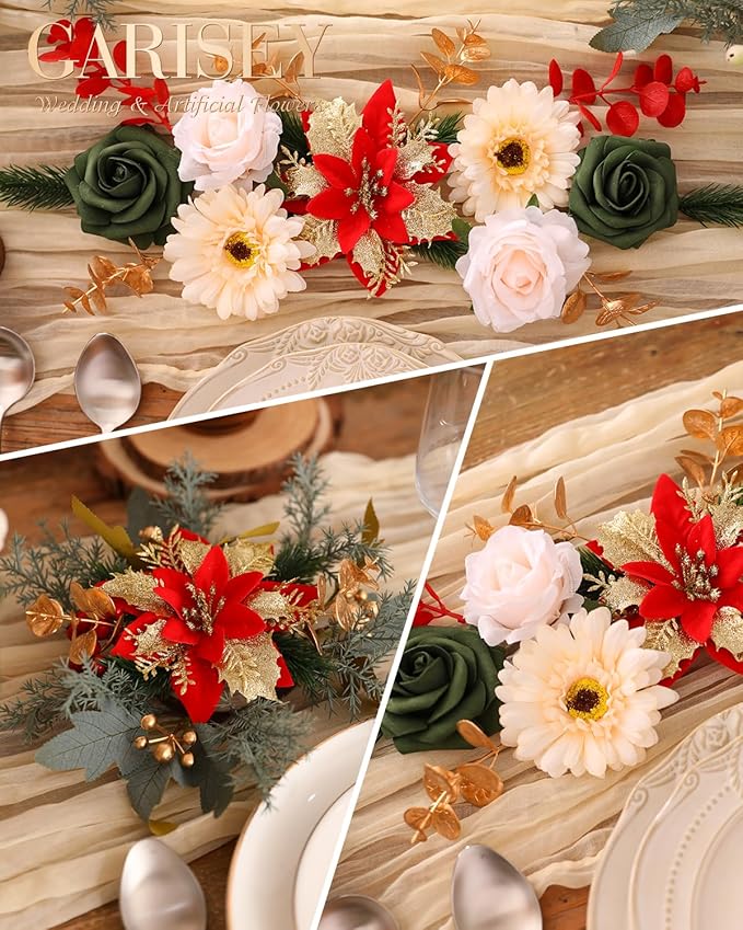 Christmas Artificial Flowers Poinsettia Flower Mix Silk Flowers Fake Roses - Image 6