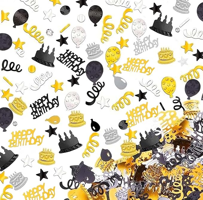VHUWE Happy Birthday Confetti, 1.6 oz Black Gold Silver Cake Balloon Star - Image 8