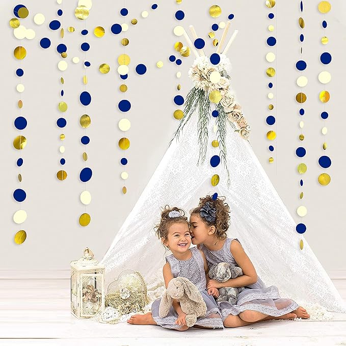 46 Ft Navy Blue and Gold Circle Dots Garland Royal Blue Hanging Paper Polka Dot - Image 7