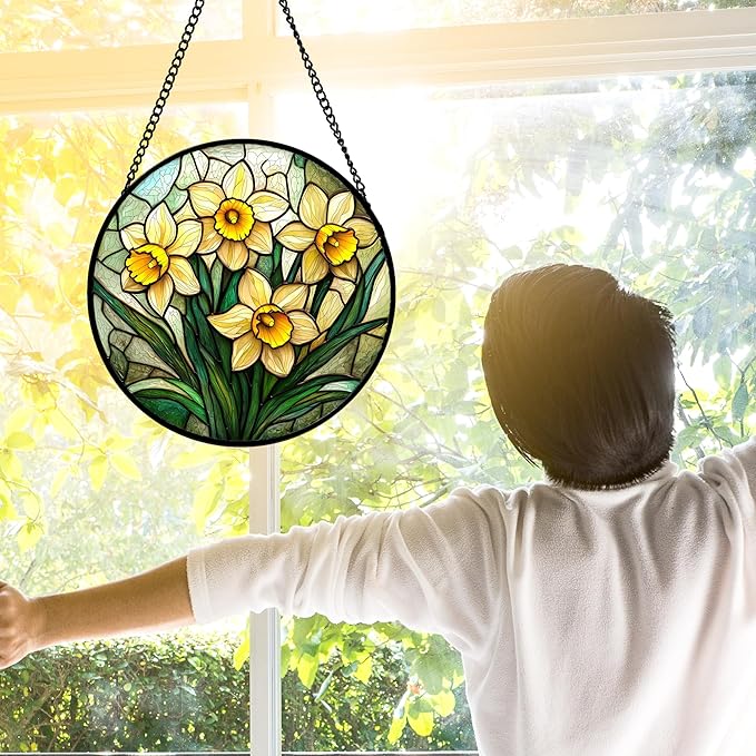 Stained Glass Window Hanging, Daffodil Plant Flowers Sun Catchers Diamond Glass - Image 3