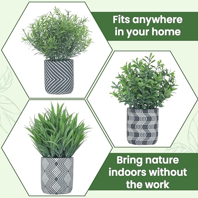3 Pack Small Fake Plants, Fake Grass Plant, Artificial Boxwood & Rosemary - Image 3