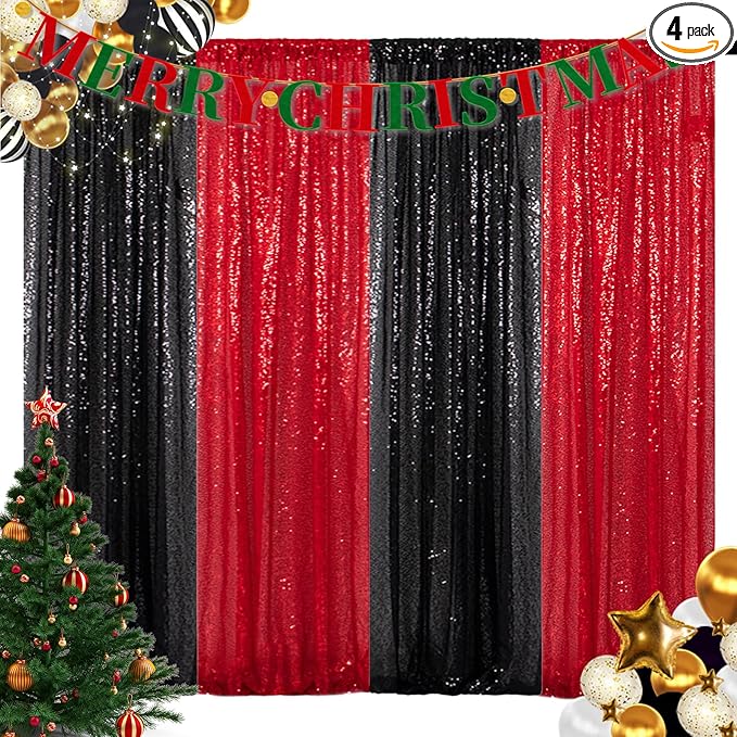 ShinyBeauty 4 Panels Black and Red Sequin Backdrop | 2Ft x 8Ft Sparkle Photo by ShinyBeauty