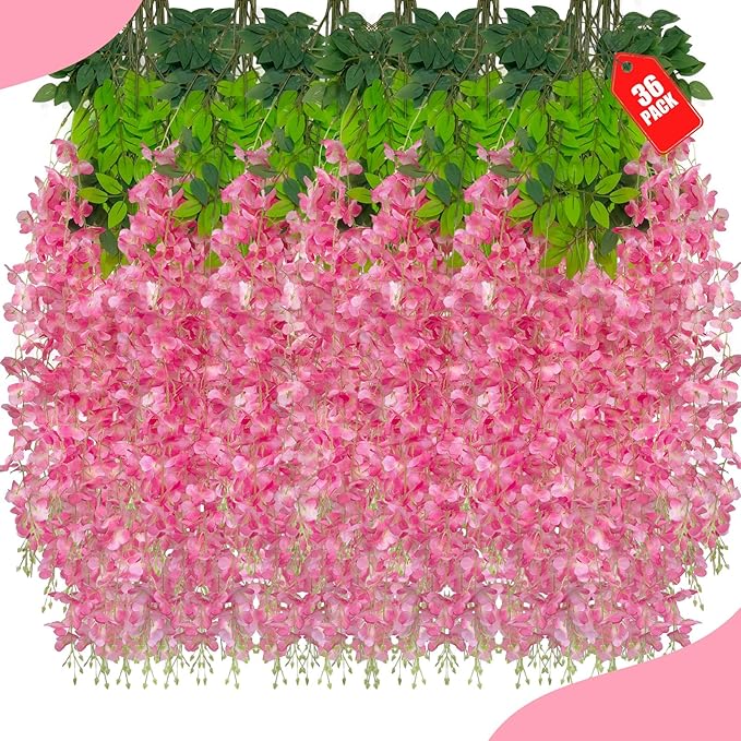36 Pack Dark Pink Wisteria Hanging Flowers, 3.44 Ft Fake Hanging Flowers by ZEBMOON