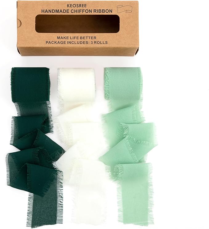 3 Rolls Cream White & Sage Green Handmade Chiffon Ribbon, 1.5" x 21Yd Frayed by KEOSREE
