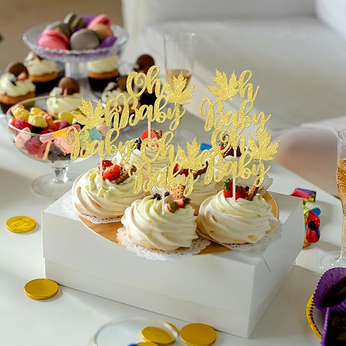 24 PCS Maple Leaf Oh Baby Cupcake Toppers Glitter Fall Baby Shower Cupcake Picks - Image 7