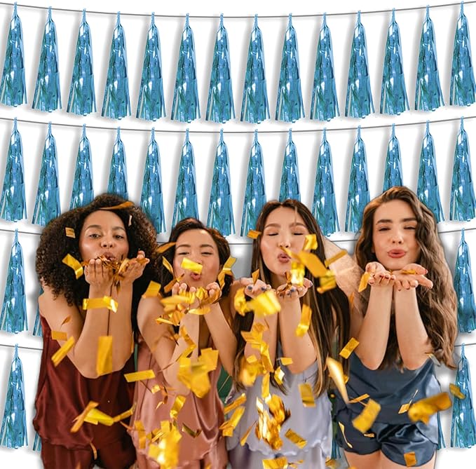 4P Light Blue Foil Fringe Tassel Banner Garland Metallic Tinsel Streamers Wall - Image 6