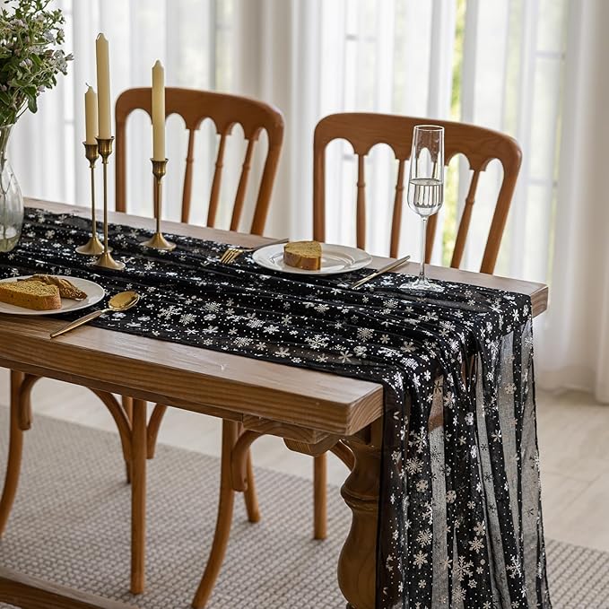 Silvery Snowflake Metallic Print Tulle Christmas Table Runner, Seasonal Winter - Image 7