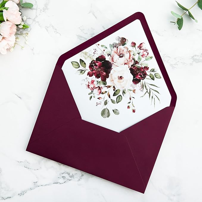 PONATIA 50PCS A7 Euro Flap Envelopes, 5.25 x 7.25'' Burgundy Flowers Liner - Image 9
