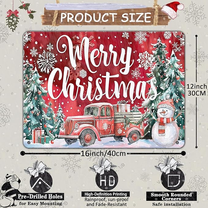 Christmas Truck Metal Tin Sign Merry Christmas Sign Funny Snowman Tin Sign - Image 2