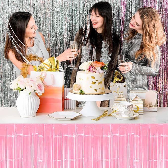 3 Pack 29 x108 Inch Macaron Pink Foil Fringe Table Skirts Metallic Banner - Image 7