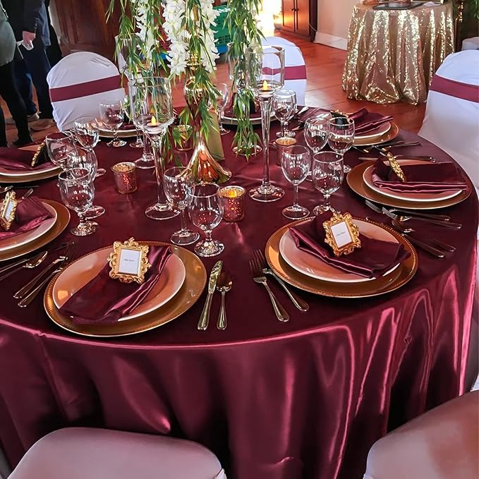 12 Pack 108 Inch Burgundy Satin Tablecloth - Image 3