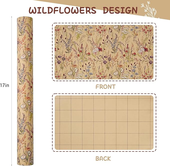 Tyzarglef Wild Flower Wrapping Paper Roll, 17 Inches x 32.8 Feet Kraft Floral - Image 2