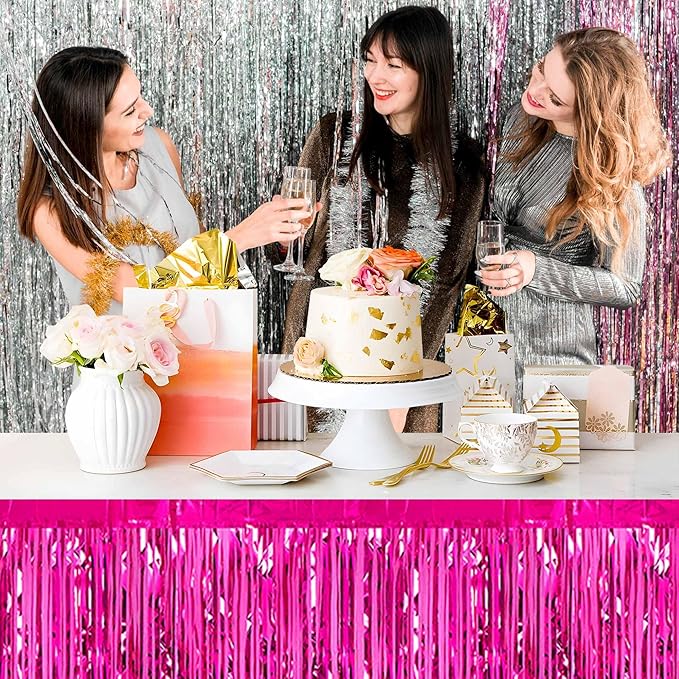 3 Pack Fuchsia Foil Fringe Table Skirts Metallic Tinsel Streamers Garland - Image 7